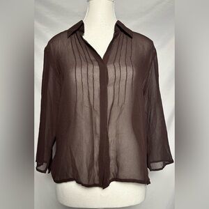 MAX STUDIO 100% Silk Y2K Brown Sheer Elegant Collared Career Blouse Size M